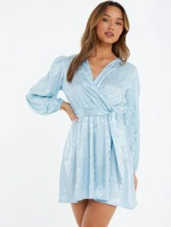 Quiz Satin Jacquard Wrap Mini Dress - Light Blue