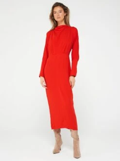 Fig & Basil Cowl Neck Column Dress - Red