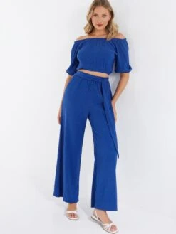 Quiz Crinkle Wide Leg Trousers - Bright Blue