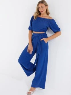 Quiz Crinkle Wide Leg Trousers - Bright Blue -Modish Muse VIDIK SQ3 0000000197 BRIGHT BLUE MDo