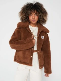 Calvin Klein Jeans Short Sherpa Coat - Brown