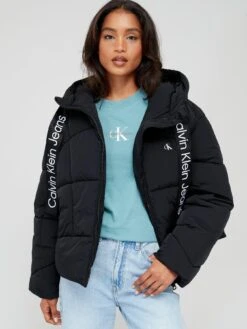 Calvin Klein Jeans Logo Drawstring Short Puffer Coat - Black