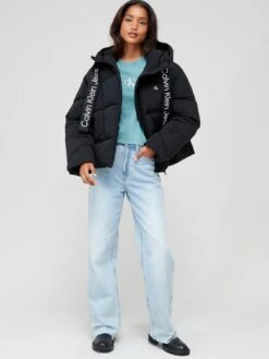 Calvin Klein Jeans Logo Drawstring Short Puffer Coat - Black -Modish Muse VIIT4 SQ3 0000000004 BLACK MDo