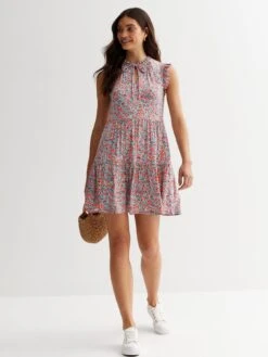New Look Multicoloured Ditsy Floral Tie Neck Mini Dress