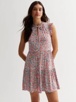 New Look Multicoloured Ditsy Floral Tie Neck Mini Dress -Modish Muse VIWS6 SQ3 0000000270 PRINT MDo