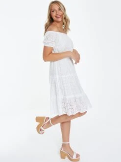 Quiz Broderie Bardot Mini Dress - White -Modish Muse VJ93K SQ3 0000000013 WHITE MDo