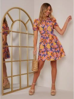 Chi Chi London Puff Sleeve Floral Abstract Print Mini Dress -Modish Muse VJCOI SQ3 0000000020 BLUE MDo