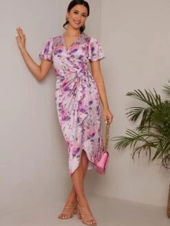 Chi Chi London Short Sleeve V Neck Floral Midi Dress In Purple
