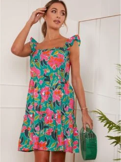 Chi Chi London Ruffle Sleeve Floral Mini Dress In Green