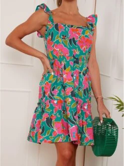 Chi Chi London Ruffle Sleeve Floral Mini Dress In Green -Modish Muse VJN6S SQ3 0000000047 GREEN MDo