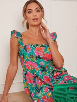 Chi Chi London Ruffle Sleeve Floral Mini Dress In Green -Modish Muse VJN6S SQ4 0000000047 GREEN MDd