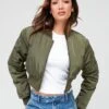 Brave Soul Cropped Bomber Jacket - Khaki