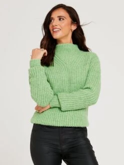 Lucy Mecklenburgh High Neck Fluffy Yarn Jumper - Green 