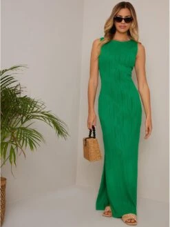 Chi Chi London Sleeveless Swirl Plisse Maxi Dress In Green