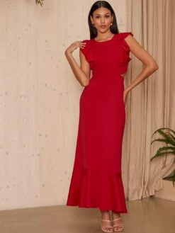Chi Chi London Ruffle Sleeve Cut Out Back Maxi Dress -Â Red