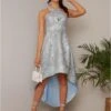 Chi Chi London Cross Front Halter Floral Jacquard Dip Hem Dress In Blue -Modish Muse VLA7E SQ1 0000000020 BLUE MDf