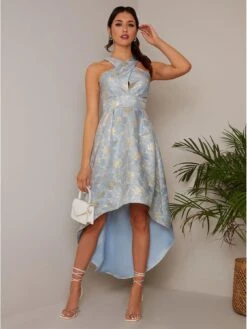 Chi Chi London Cross Front Halter Floral Jacquard Dip Hem Dress In Blue