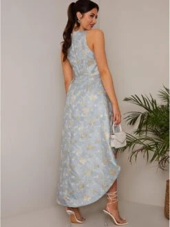 Chi Chi London Cross Front Halter Floral Jacquard Dip Hem Dress In Blue -Modish Muse VLA7E SQ3 0000000020 BLUE MDo