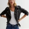 New Look Leather-Look Belted Biker Jacket - Black -Modish Muse VLEOH SQ1 0000000004 BLACK MDf