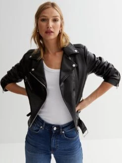 New Look Leather-Look Belted Biker Jacket - Black