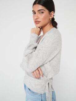 PIECES Ellen Long Sleeve Wrap Knit Cardigan - Grey -Modish Muse VLKG4 SQ5 0000000005 GREY MDd1