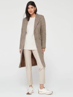 PIECES Nea Check Single Breasted Coat - Brown