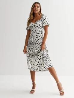 New Look White Spot Satin Twist Front Midi Dress