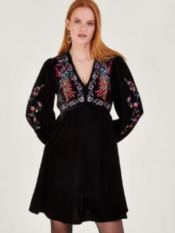 Monsoon Verina Velvet Embroidered Dress - Black