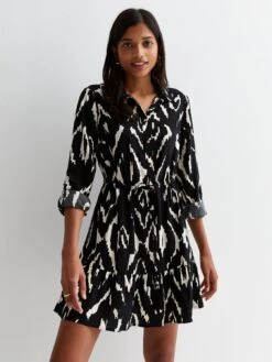 New Look Black Abstract Print Tiered Mini Shirt Dress