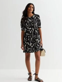 New Look Black Abstract Print Short Sleeve Mini Dress -Modish Muse VM9EG SQ3 0000000004 BLACK MDo