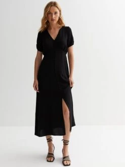 New Look Ruched Sleeve Button Front Midaxi Dress - Black