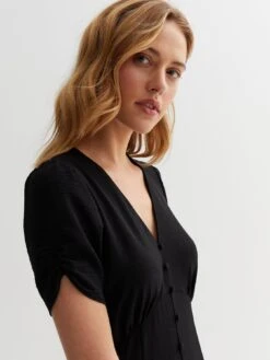 New Look Ruched Sleeve Button Front Midaxi Dress - Black 9 New Look Ruched Sleeve Button Front Midaxi Dress - Black -Modish Muse VM9EZ SQ4 0000000004 BLACK MDd