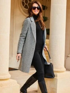 Sosandar Sosandar Black And White Herringbone Wool Mix Coat