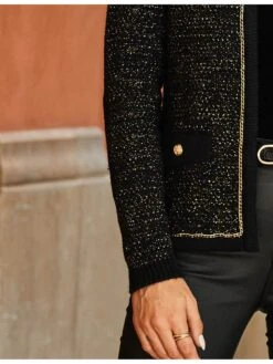 Sosandar Sosandar Black & Gold Metallic Knit Cardigan With Luxe Chain Detail -Modish Muse VMKLD SQ5 0000000004 BLACK MDd1