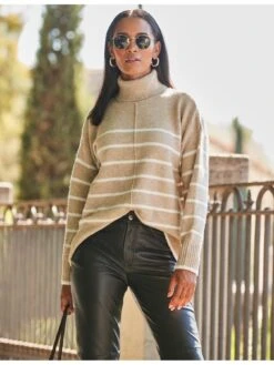 Sosandar Sosandar Taupe & White Stripe Roll Neck Jumper