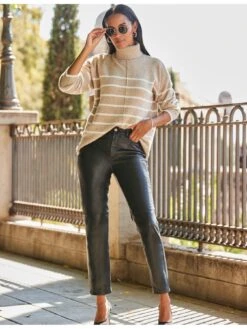 Sosandar Sosandar Taupe & White Stripe Roll Neck Jumper -Modish Muse VMKLE SQ3 0000000108 BEIGE MDo