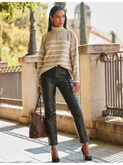 Sosandar Sosandar Taupe & White Stripe Roll Neck Jumper -Modish Muse VMKLE SQ4 0000000108 BEIGE MDd