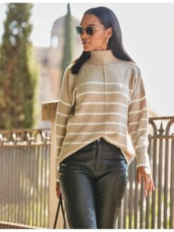 Sosandar Sosandar Taupe & White Stripe Roll Neck Jumper -Modish Muse VMKLE SQ5 0000000108 BEIGE MDd1