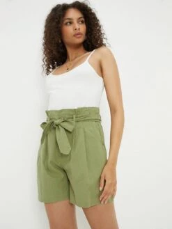 Dorothy Perkins Paperbag Belted Linen Shorts - Sage