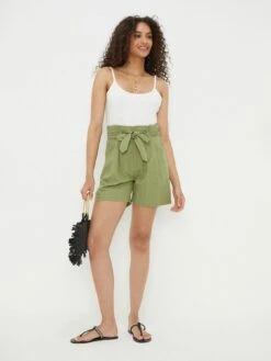 Dorothy Perkins Paperbag Belted Linen Shorts - Sage -Modish Muse VN7F7 SQ3 0000000047 GREEN MDo