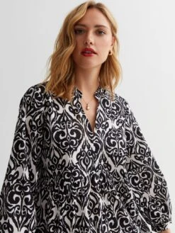 New Look Tile Print Cotton Smock Mini Dress - White -Modish Muse VNRC5 SQ4 0000000270 PRINT MDd