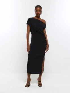 River Island Drape Midi Dress - Black