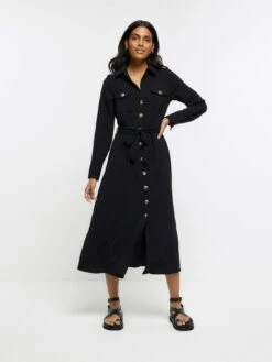 River Island Utility Belted Midi Dress - Black