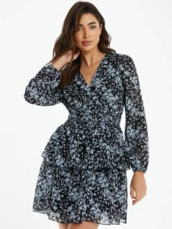 Quiz Black Floral Tiered Skater Dress