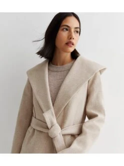 New Look Stone Hooded Unlined Belted Coat -Modish Muse VNWUI SQ4 0000000108 BEIGE MDd