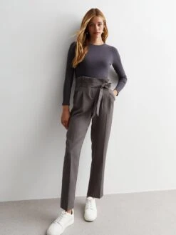 New Look Dark Grey High Waist Paperbag Trousers