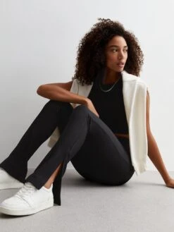 New Look Black Ribbed Split Hem Flared Leggings -Modish Muse VNX2M SQ3 0000000004 BLACK MDo