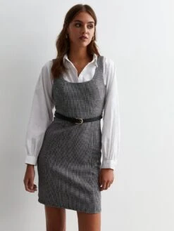 New Look Light Grey Check Belted Mini Pinafore Dress