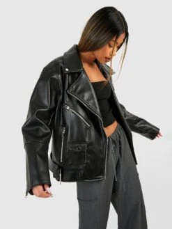 Boohoo Oversized Belted Biker Jacket - Black