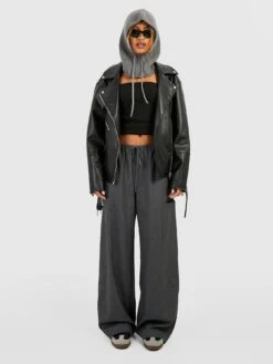 Boohoo Oversized Belted Biker Jacket - Black -Modish Muse VO0LQ SQ3 0000000004 BLACK MDo